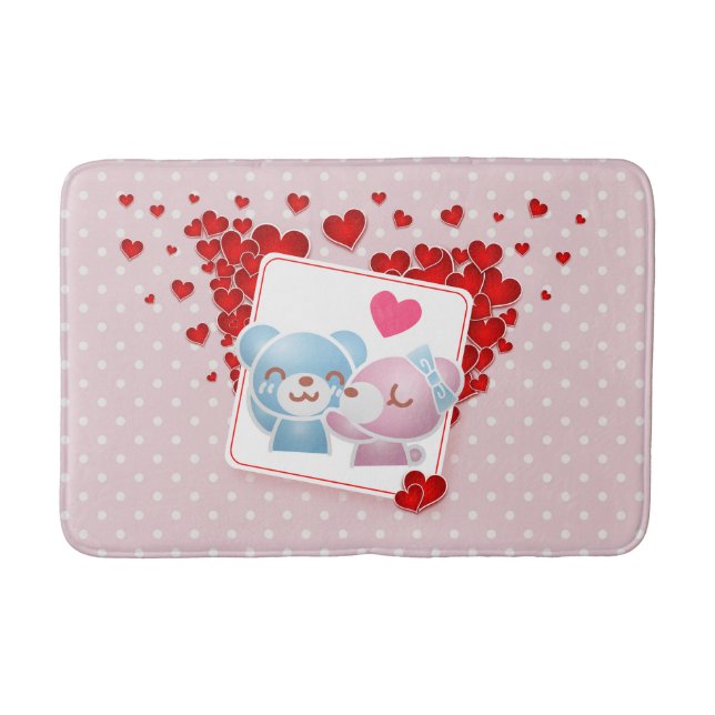 Kissing bears with Red Love Hearts All Around Bath Mat (Front)