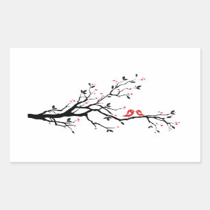 Kissing bird on tree branch with red heart leaves rectangular sticker