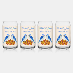 Kissing Blue Jays Fall Wedding Custom Can Glass