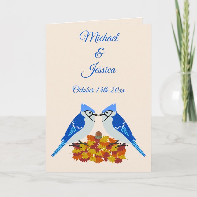 Kissing Blue Jays Fall Wedding Custom Card (Front)