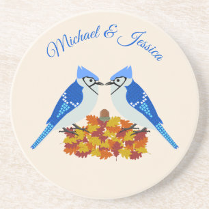 Kissing Blue Jays Fall Wedding Custom Coaster
