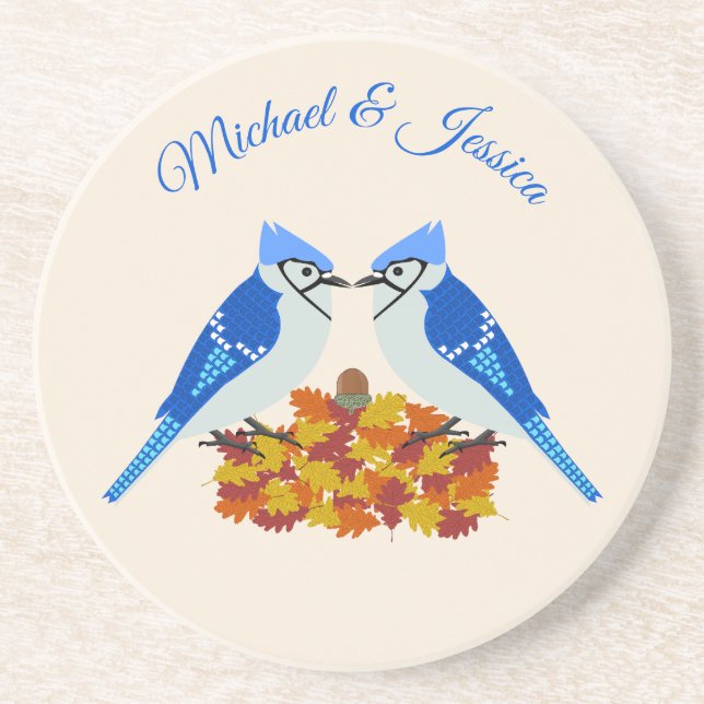 Kissing Blue Jays Fall Wedding Custom Coaster (Front)
