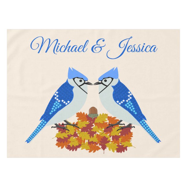 Kissing Blue Jays Fall Wedding Custom Tablecloth (Front (Horizontal))