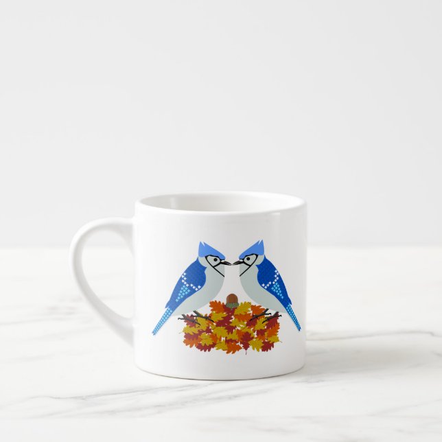 Kissing Blue Jays Fall Wedding Espresso Cup (Left)