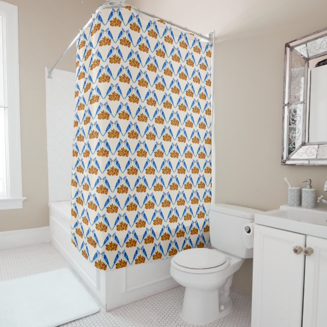 Kissing Blue Jays Fall Wedding Patterned Shower Curtain (In Situ)