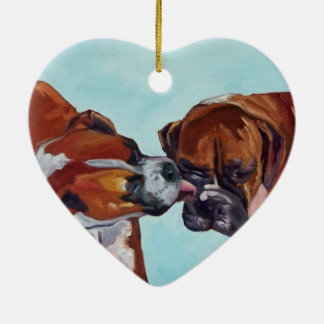 Kissing Boxer Dogs Heart Shaped Ornament
