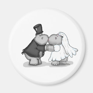 Kissing Bride and Groom Hippos - Personalize Magnet