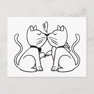 Kissing Cat Loves Wedding Kittens Black White Postcard