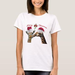 Kissing Christmas Giraffes Under Mistletoe T-Shirt
