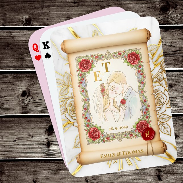 Kissing Couple Monogrammed, Roses, Wedding Scroll Playing Cards (Creator Uploaded)