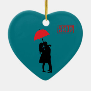 Kissing Couple Red Umbrella 2017 Ceramic Tree Decoration