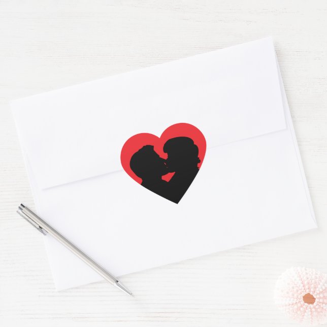Kissing Couple Silhouette on Red Heart Heart Sticker (Envelope)