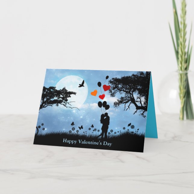 Kissing Couple With Heart Balloons Valentine Holiday Card (Front)