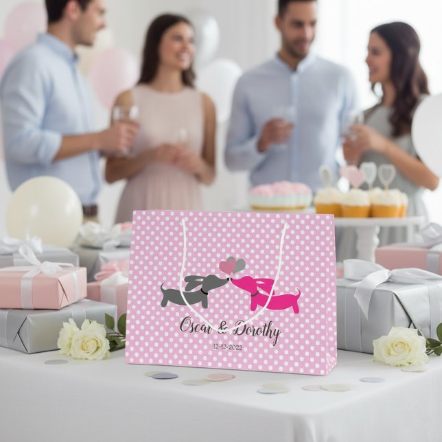 Kissing Dachshund Wedding Gift Bag Personalised   (Dachshund wedding gift bag pink)