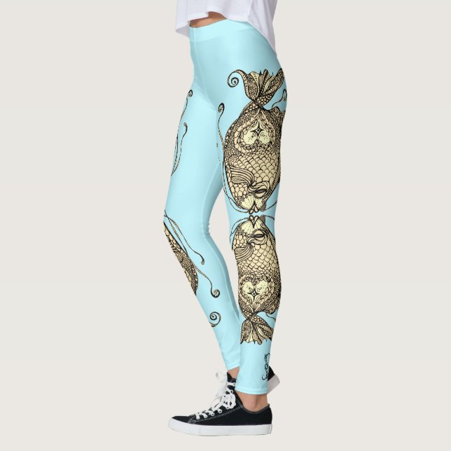 Kissing Fish Art Aqua Sepia Leggings (Left)