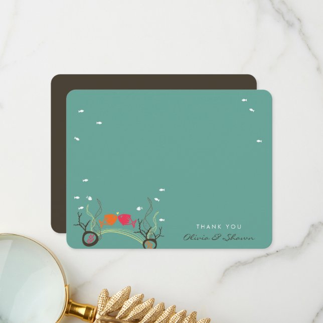Kissing Fishes And Corals Sea Ocean Beach Wedding Thank You Card (Front/Back In Situ)