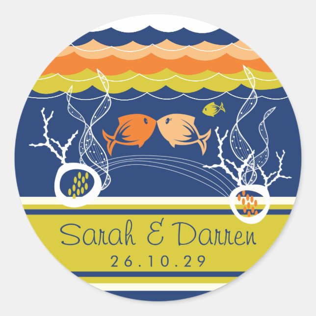 Kissing Fishes Corals Beach Whimsical Cute Wedding Classic Round Sticker (Front)