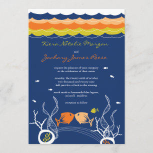 Kissing Fishes Corals Beach Whimsical Cute Wedding Invitation