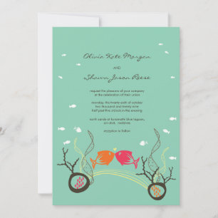 Kissing Fishes Corals Beach Whimsical Cute Wedding Invitation