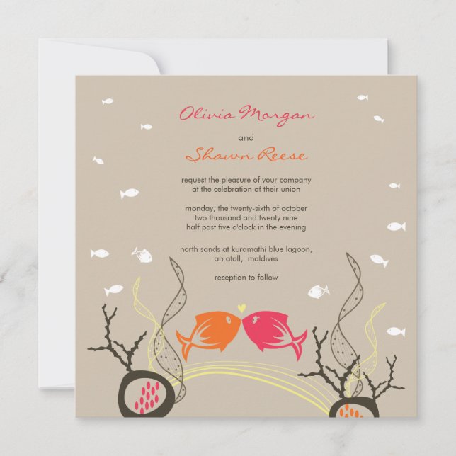 Kissing Fishes Corals Beach Whimsical Cute Wedding Invitation (Front)