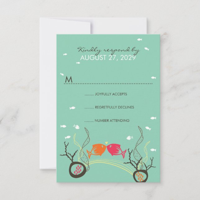 Kissing Fishes Corals Beach Whimsical Cute Wedding RSVP Card (Front)