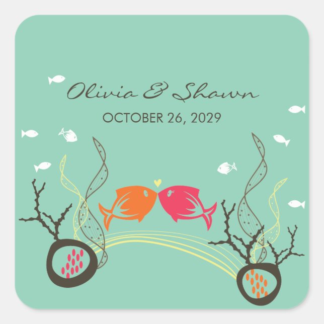Kissing Fishes Corals Beach Whimsical Cute Wedding Square Sticker (Front)