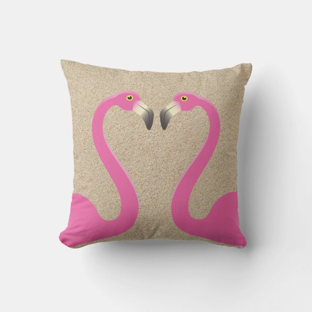Kissing Flamingos Beach Sand Outdoor Pillow (Front)
