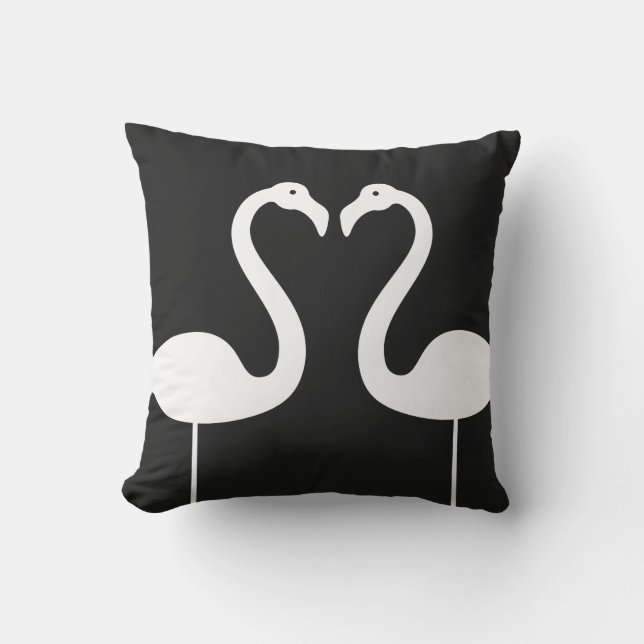 Kissing Flamingos Black Outdoor Pillow (Front)