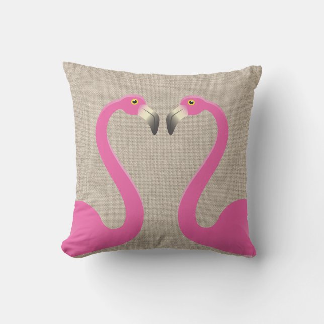 Kissing Flamingos Burlap Linen Outdoor Pillow (Front)