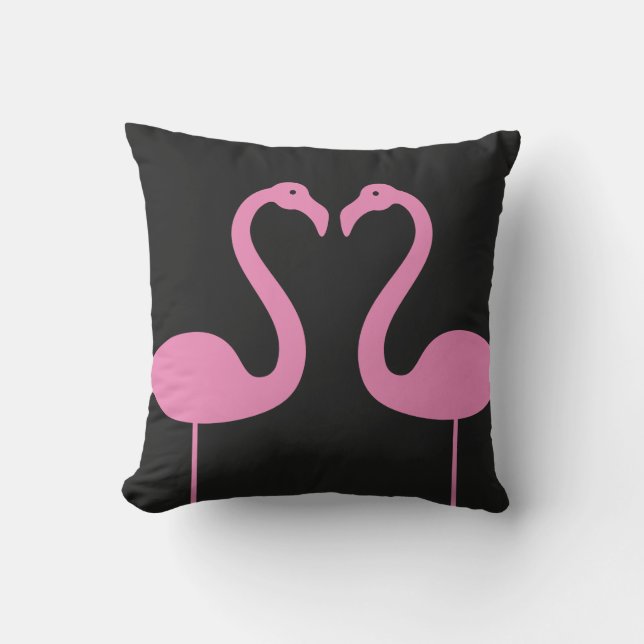 Kissing Flamingos Pink & Black Outdoor Pillow (Front)
