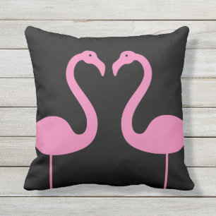 Kissing Flamingos Pink & Black Outdoor Pillow