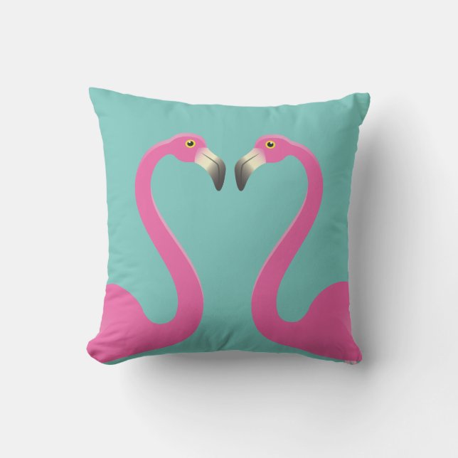 Kissing Flamingos Turquoise Outdoor Pillow (Front)
