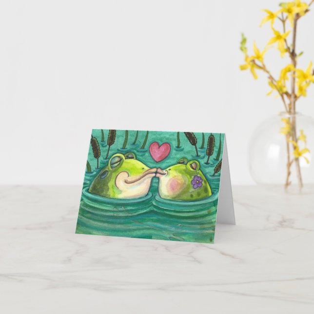 KISSING FROGS COLORFUL & CUTE POND ROMANCE, Blank Card (Yellow Flower)