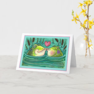 KISSING FROGS COLORFUL & CUTE POND ROMANCE, Blank Card