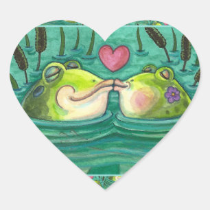 KISSING FROGS COLORFUL & CUTE POND ROMANCE, FUNNY HEART STICKER