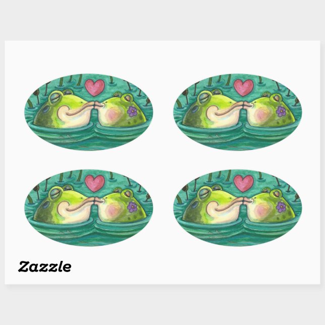 KISSING FROGS COLORFUL & CUTE POND ROMANCE, FUNNY OVAL STICKER (Sheet)