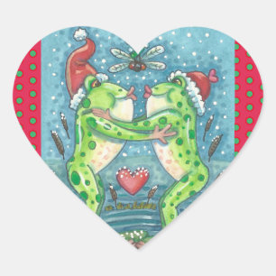 KISSING FROGS, DRAGONFLY MISTLETOE HOLIDAY STICKER