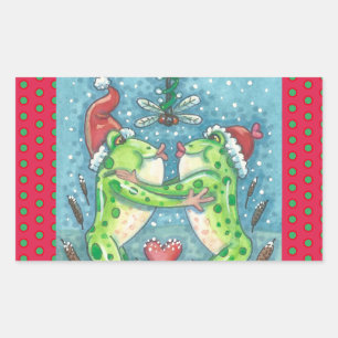 KISSING FROGS, DRAGONFLY MISTLETOE HOLIDAY STICKER