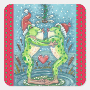 KISSING FROGS, DRAGONFLY MISTLETOE HOLIDAY STICKER