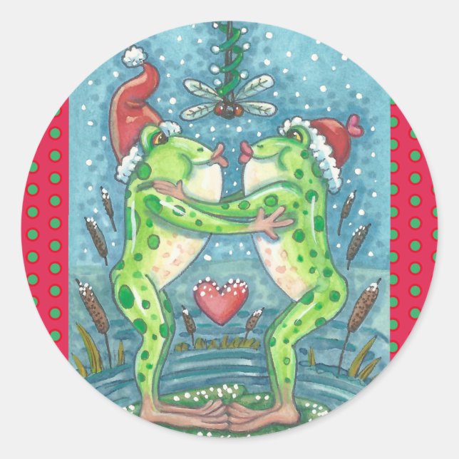 KISSING FROGS, DRAGONFLY MISTLETOE HOLIDAY STICKER (Front)