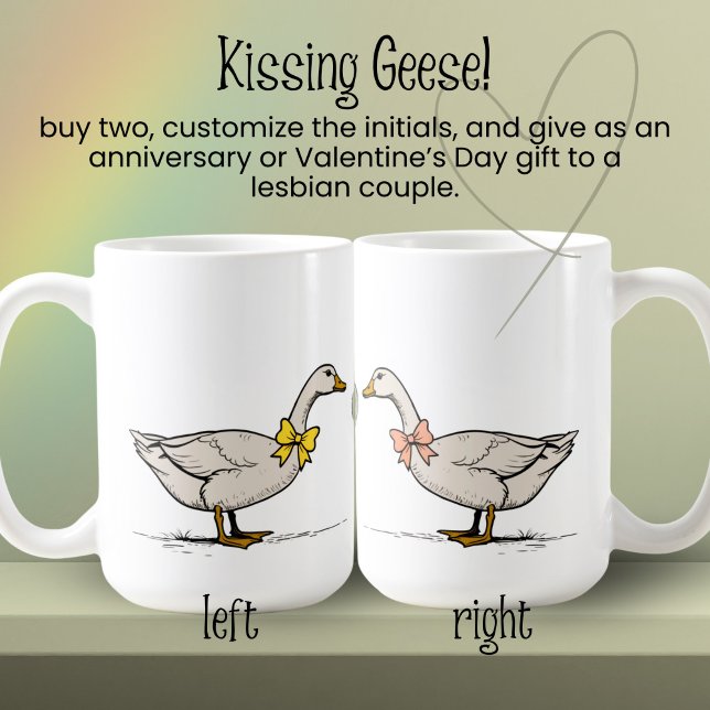 Kissing Goose Custom Initials Lesbian Couple Coffee Mug (Creator Uploaded)
