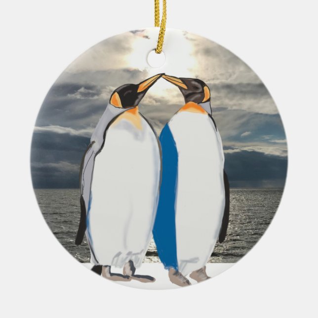 Kissing King Penguin Pair in Artic Ceramic Ornament (Front)