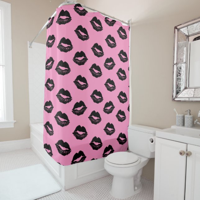 Kissing Lips Pattern Pink and Black Shower Curtain (In Situ)
