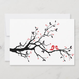 Kissing love birds on tree with red hearts