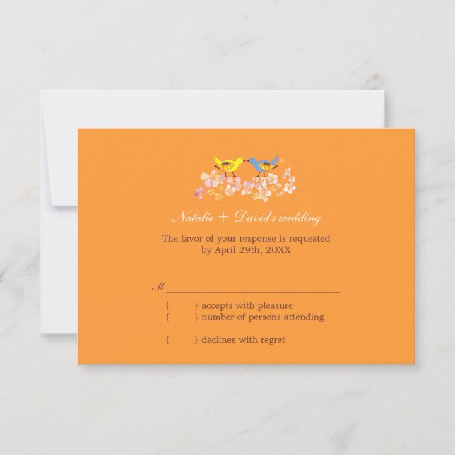 Kissing Love Birds Tangerine Wedding RSVP (Front)