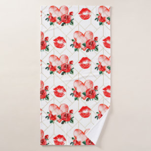 Kissing Mouth With Heart And Red Roses Pattern Bath Towel