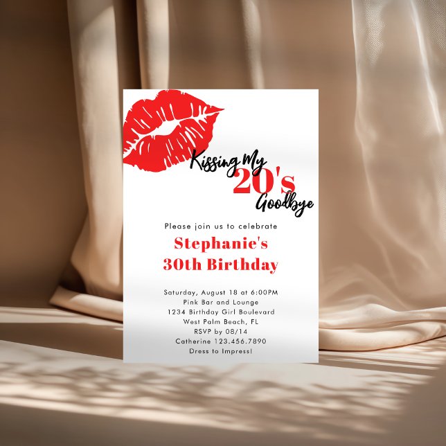 Kissing my 20s Goodbye Red & Black 30th Birthday Invitation (Creator Uploaded)