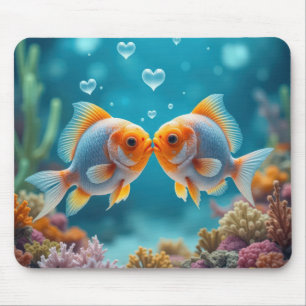 Kissing Ocean Fish With Heart Bubbles Mouse Pad
