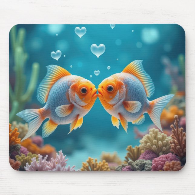 Kissing Ocean Fish With Heart Bubbles Mouse Pad (Front)