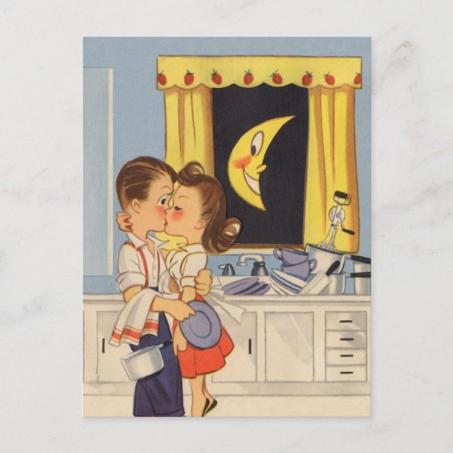 Kissing Over Dishes Postcard (Front)
